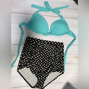 Turquoise Bikini Top and Polka Dot High-Waisted Bottoms